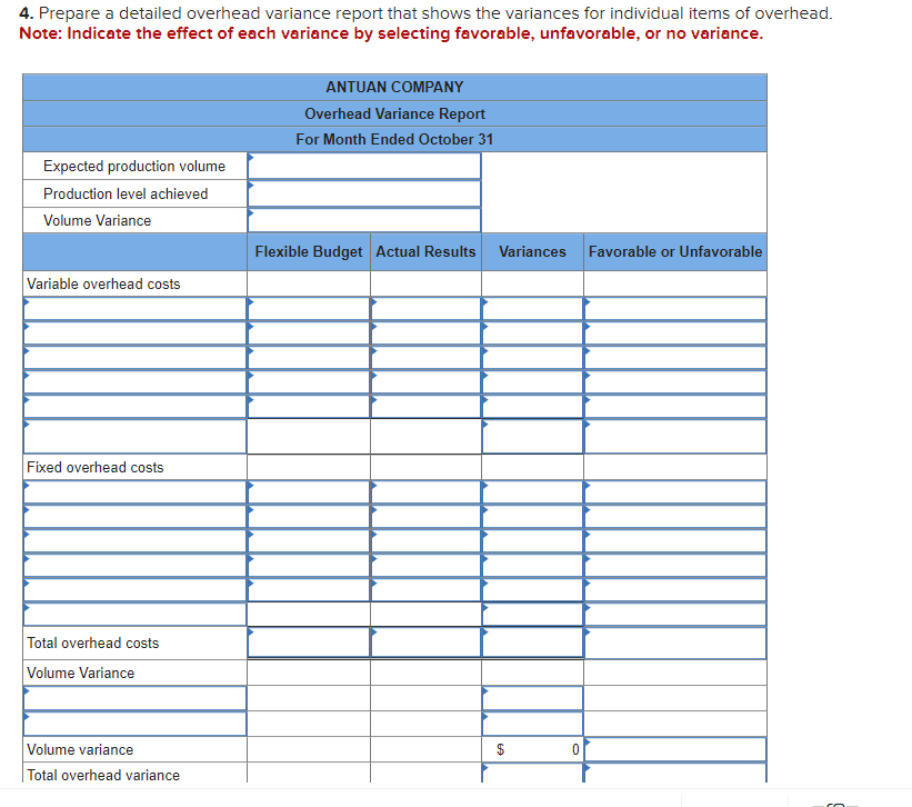 4. Prepare a detailed overhead variance report that shows the variances for individual items of overhead.
Note: Indicate the effect of each variance by selecting favorable, unfavorable, or no variance.
Expected production volume
Production level achieved
Volume Variance
Variable overhead costs
Fixed overhead costs
Total overhead costs
Volume Variance
Volume variance
Total overhead variance
ANTUAN COMPANY
Overhead Variance Report
For Month Ended October 31
Flexible Budget Actual Results Variances Favorable or Unfavorable
$
69
0