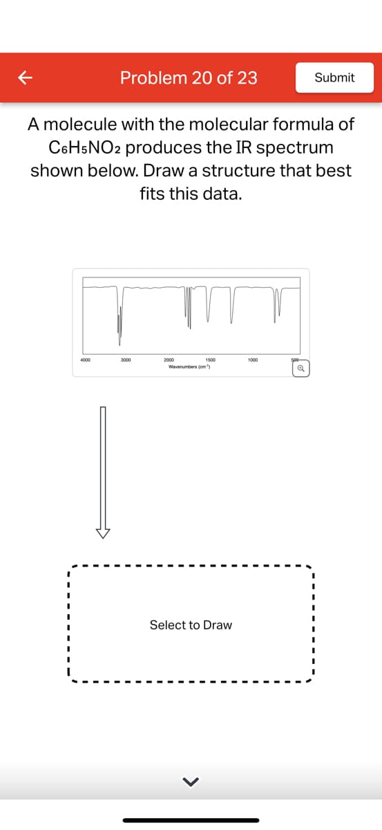 K
Problem 20 of 23
4000
A molecule with the molecular formula of
C6H5NO2 produces the IR spectrum
shown below. Draw a structure that best
fits this data.
3000
2000
1500
Wavenumbers (cm)
Select to Draw
1000
Submit
Q