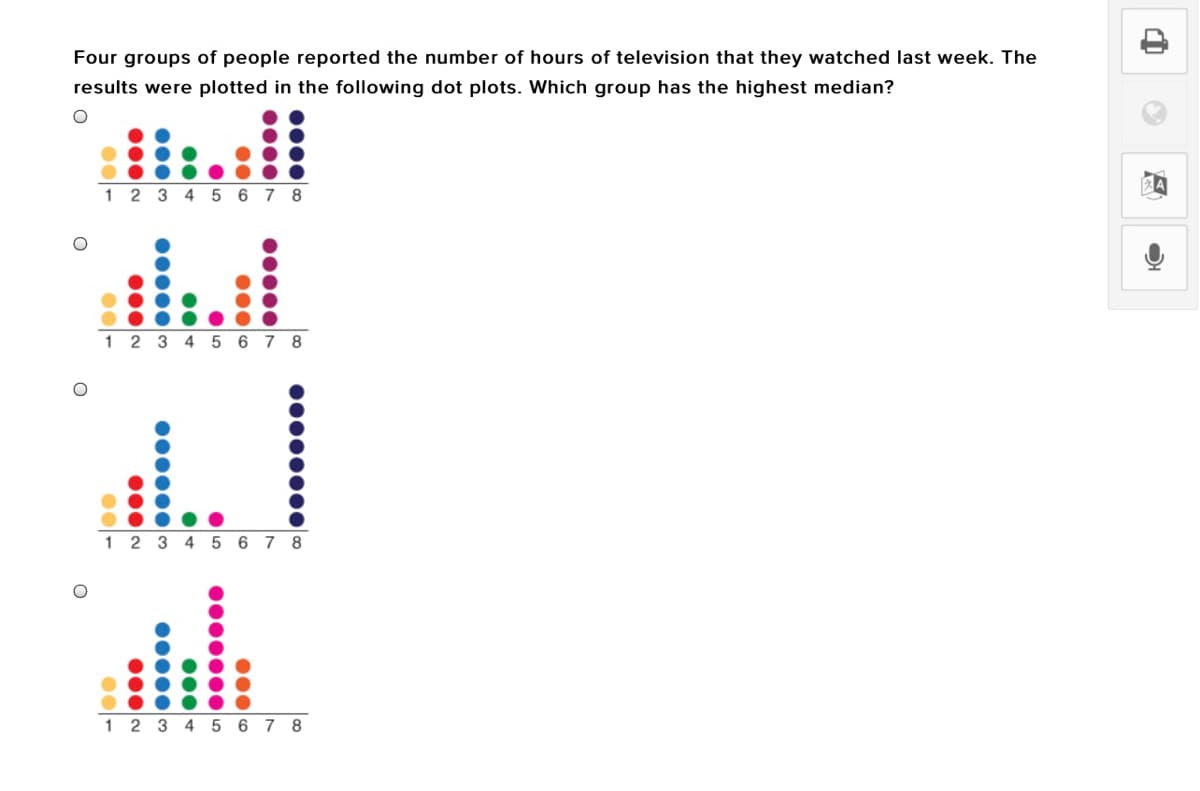 Four groups of people reported the number of hours of television that they watched last week. The
results were plotted in the following dot plots. Which group has the highest median?
1 2 3 4 5 6 7 8
1 2 3 4 5 6 7 8
1 2 3 4 5 6 7 8
1 2 3 4 5 6 7 8
00000000 00
00000N
00000
000000 m
00000
