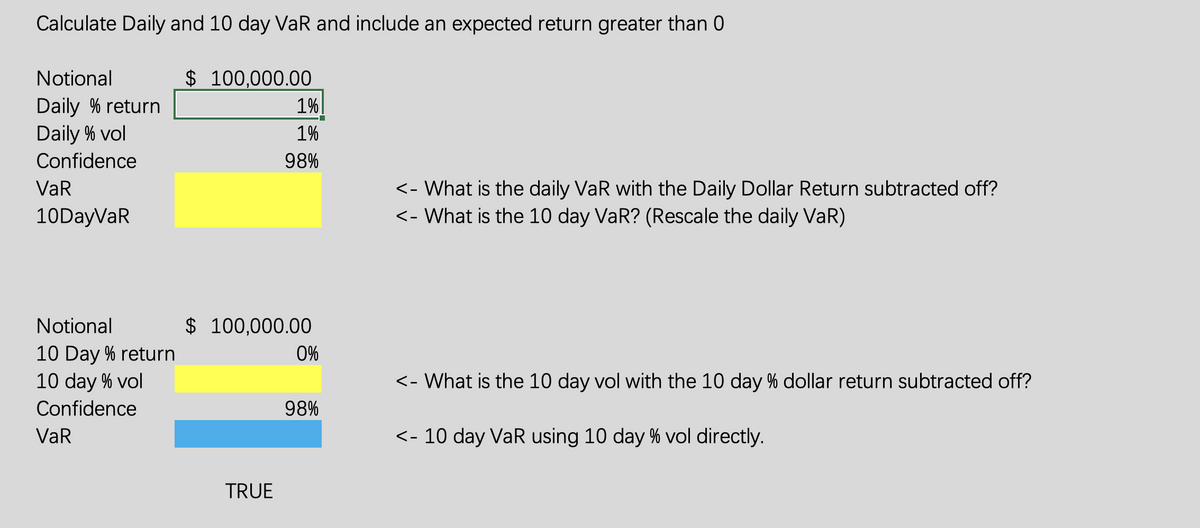 Calculate Daily and 10 day VaR and include an expected return greater than 0
Notional
$ 100,000.00
Daily % return
Daily % vol
1%
1%
Confidence
98%
<- What is the daily VaR with the Daily Dollar Return subtracted off?
<- What is the 10 day VaR? (Rescale the daily VaR)
VaR
10DayVaR
Notional
$ 100,000.00
10 Day % return
0%
10 day % vol
<-
What is the 10 day vol with the 10 day % dollar return subtracted off?
Confidence
98%
VaR
<- 10 day VaR using 10 day % vol directly.
TRUE
