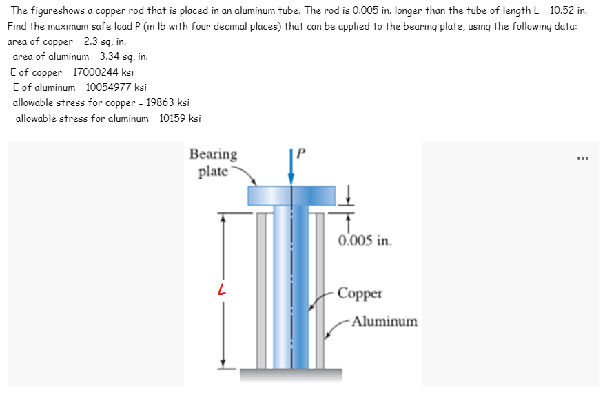 The figureshows a copper rod that is placed in an aluminum tube. The rod is 0.005 in. longer than the tube of length L = 10.52 in.
Find the maximum safe load P (in Ib with four decimal places) that can be applied to the bearing plate, using the following data:
area of copper = 2.3 sq, in.
area of aluminum = 3.34 sq, in.
E of copper = 17000244 ksi
E of aluminum = 10054977 ksi
allowable stress for copper = 19863 ksi
allowable stress for aluminum = 10159 ksi
Bearing
plate
...
0.005 in.
Сорper
Aluminum
