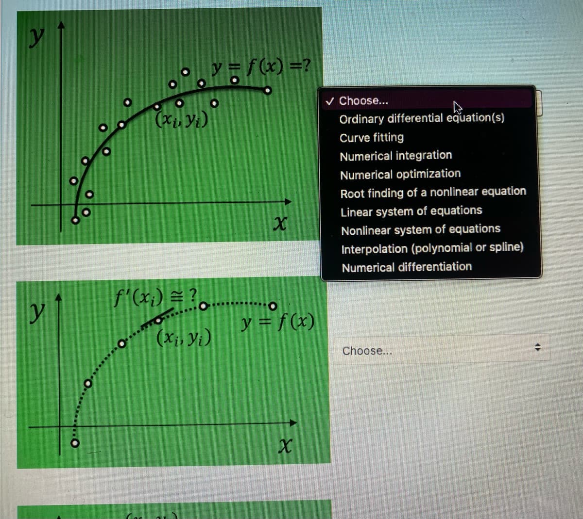 y
y
(xi, Yi)
f'(x) = ?,
(xi, Yi)
Om
**********
y = f(x) = ?
X
y = f(x)
X
✓ Choose...
Ordinary differential equation(s)
Curve fitting
Numerical integration
Numerical optimization
Root finding of a nonlinear equation
Linear system of equations
Nonlinear system of equations
Interpolation (polynomial or spline)
Numerical differentiation
Choose...