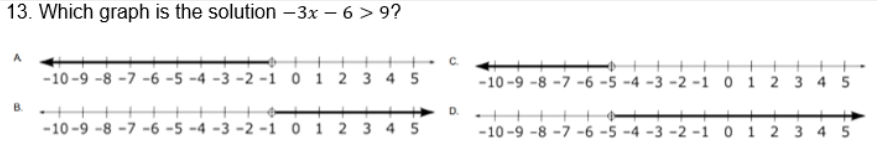 13. Which graph is the solution –3x – 6 > 9?
-10 -9 -8 -7 -6 -5 -4 -3 -2 -1 0 1 2 3 4 5
-10 -9 -8 -7 -6 -5 -4 -3 -2 -1 0 1 2 3 4 5
B.
-10 -9 -8 -7 -6 -5 -4 -3 -2 -1 0 1 2 3 4 5
-10 -9 -8 -7 -6 -5 -4 -3 -2 -1 0 1 2 3 4 5
C.
D.
