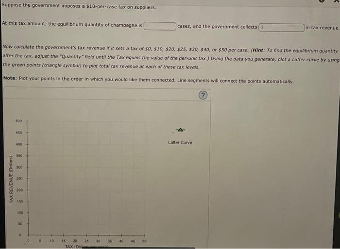 Suppose the government imposes a $10-per-case tax on suppliers.
At this tax amount, the equilibrium quantity of champagne is i
TAX REVENUE (Dollars)
Now calculate the government's tax revenue if it sets a tax of $0, $10, $20, $25, $30, $40, or $50 per case. (Hint: To find the equilibrium quantity
after the tax, adjust the "Quantity" field until the Tax equals the value of the per-unit tax.) Using the data you generate, plot a Laffer curve by using
the green points (triangle symbol) to plot total tax revenue at each of those tax levels.
Note: Plot your points in the order in which you would like them connected. Line segments will connect the points automatically.
500
450
400
350
300
250
200
150
100
50
0
0
5
10
15 20 25
TAX (Dolc
30
35
40
cases, and the government collects s
45 50
in tax revenue.
Laffer Curve