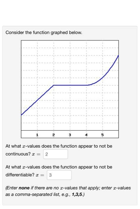 Consider the function graphed below.
2
At what x-values does the function appear to not be
continuous? x = 2
At what x-values does the function appear to not be
differentiable? x = 3
(Enter none if there are no x-values that apply; enter x-values
as a comma-separated list, e.g., 1,3,5.)