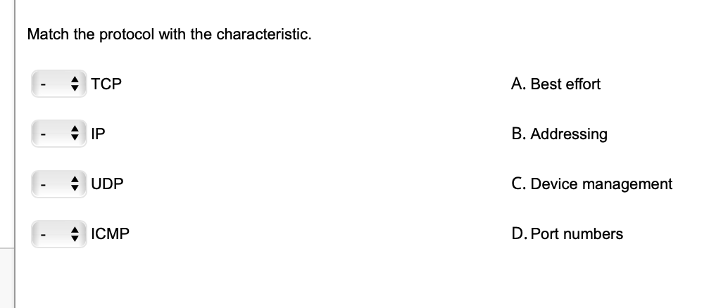 Match the protocol with the characteristic.
+ TCP
◆ IP
◆ UDP
◆ ICMP
A. Best effort
B. Addressing
C. Device management
D. Port numbers