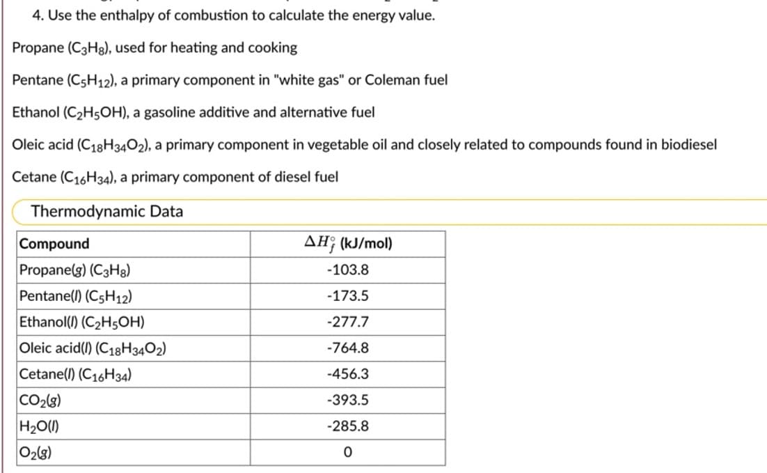 4. Use the enthalpy of combustion to calculate the energy value.
Propane (C3H8), used for heating and cooking
Pentane (C5H12), a primary component in "white gas" or Coleman fuel
Ethanol (C2H5OH), a gasoline additive and alternative fuel
Oleic acid (C18H3402), a primary component in vegetable oil and closely related to compounds found in biodiesel
Cetane (C16H34), a primary component of diesel fuel
Thermodynamic Data
Compound
AH; (kJ/mol)
Propane(g) (C3H3)
-103.8
Pentane(l) (C5H12)
-173.5
Ethanol(1) (C;
-277.7
Oleic acid() (C18H34O2)
-764.8
Cetane(l) (C16H34)
-456.3
CO2(3)
H20(1)
O2(3)
-393.5
-285.8
