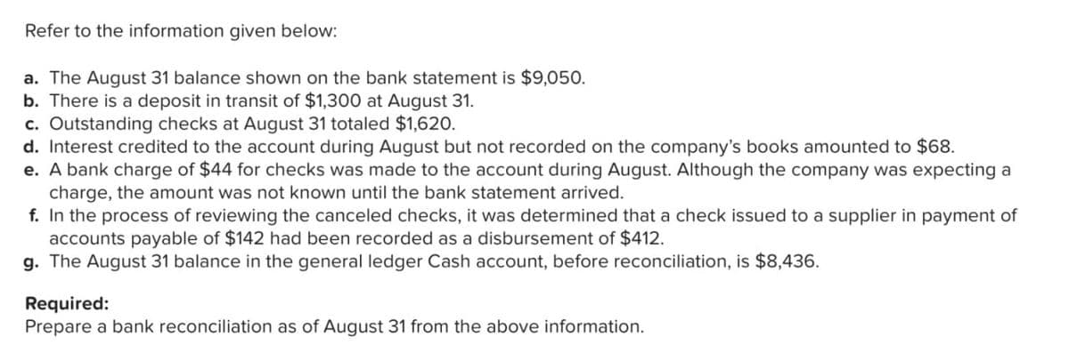 Refer to the information given below:
a. The August 31 balance shown on the bank statement is $9,050.
b. There is a deposit in transit of $1,300 at August 31.
c. Outstanding checks at August 31 totaled $1,620.
d. Interest credited to the account during August but not recorded on the company's books amounted to $68.
e. A bank charge of $44 for checks was made to the account during August. Although the company was expecting a
charge, the amount was not known until the bank statement arrived.
f. In the process of reviewing the canceled checks, it was determined that a check issued to a supplier in payment of
accounts payable of $142 had been recorded as a disbursement of $412.
g. The August 31 balance in the general ledger Cash account, before reconciliation, is $8,436.
Required:
Prepare a bank reconciliation as of August 31 from the above information.