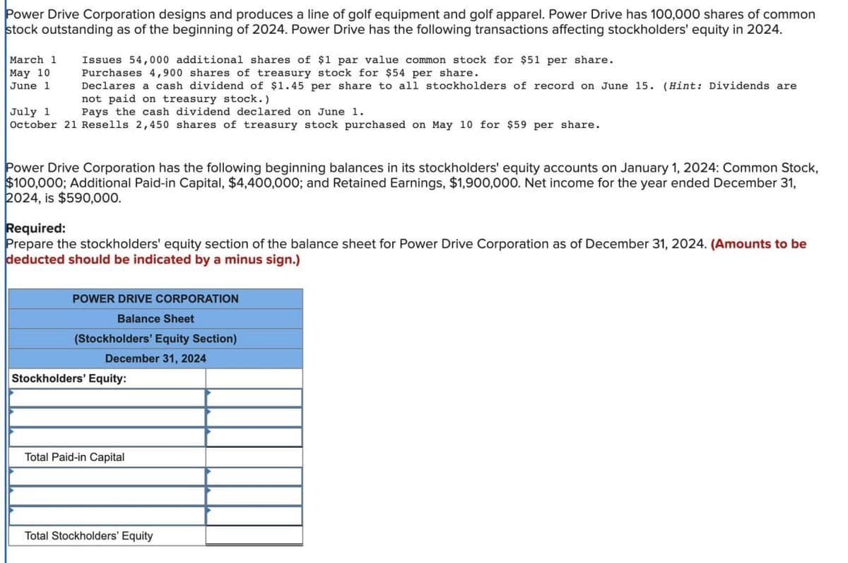 Power Drive Corporation designs and produces a line of golf equipment and golf apparel. Power Drive has 100,000 shares of common
stock outstanding as of the beginning of 2024. Power Drive has the following transactions affecting stockholders' equity in 2024.
March 1
May 10
June 1
Issues 54,000 additional shares of $1 par value common stock for $51 per share.
Purchases 4,900 shares of treasury stock for $54 per share.
Declares a cash dividend of $1.45 per share to all stockholders of record on June 15. (Hint: Dividends are
not paid on treasury stock.)
July 1
Pays the cash dividend declared on June 1.
October 21 Resells 2,450 shares of treasury stock purchased on May 10 for $59 per share.
Power Drive Corporation has the following beginning balances in its stockholders' equity accounts on January 1, 2024: Common Stock,
$100,000; Additional Paid-in Capital, $4,400,000; and Retained Earnings, $1,900,000. Net income for the year ended December 31,
2024, is $590,000.
Required:
Prepare the stockholders' equity section of the balance sheet for Power Drive Corporation as of December 31, 2024. (Amounts to be
deducted should be indicated by a minus sign.)
POWER DRIVE CORPORATION
Balance Sheet
(Stockholders' Equity Section)
December 31, 2024
Stockholders' Equity:
Total Paid-in Capital
Total Stockholders' Equity