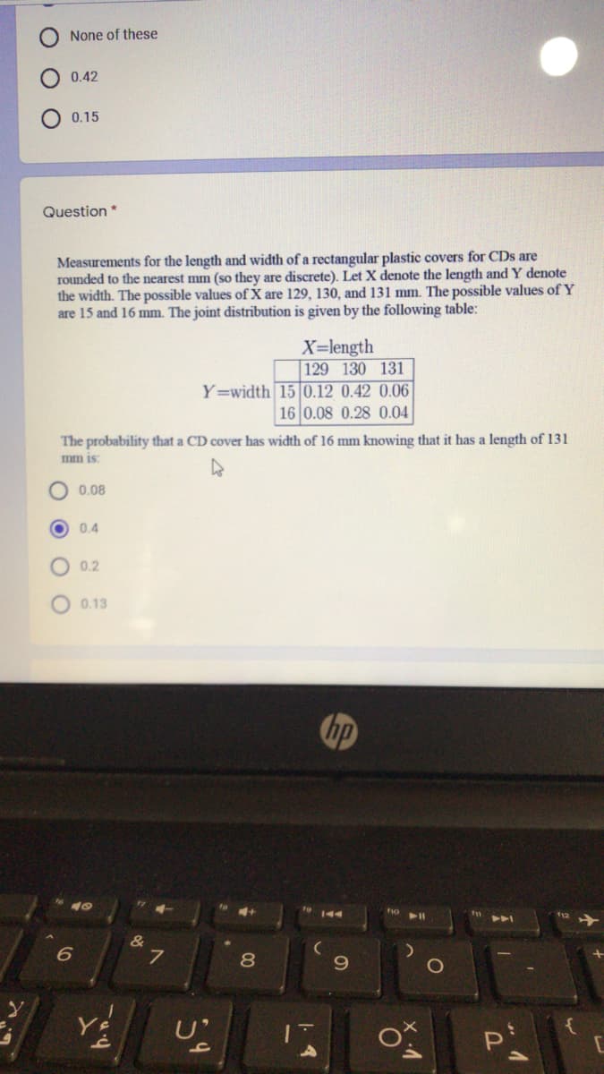 None of these
0.42
0.15
Question*
Measurements for the length and width of a rectangular plastic covers for CDs are
rounded to the nearest mm (so they are discrete). Let X denote the length and Y denote
the width. The possible values of X are 129, 130, and 131 mm. The possible values of Y
are 15 and 16 mm. The joint distribution is given by the following table:
X=length
129 130 131
Y=width 15 0.12 0.42 0.06
16 0.08 0.28 0.04
The probability that a CD cover has width of 16 mm knowing that it has a length of 131
mm is:
0.08
0.4
0.2
0.13
hp
144
A\
7
8
