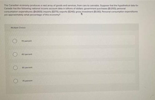 The Canadian economy produces a vast array of goods and services, from cars to cannabis Suppose that the hypothetical data for
Canada has the folowing national income account data in billions of dollars: govermment purchases (SLOSO personal
consumption expenditures (S4800 impors ($370 exports (524OE gross inventment (SL3O) Personal consumption expenditures
are approximately what percentage of this economy?
Mutple Choic
O 70 percent
O 60 percant
O s percere
75 percent
