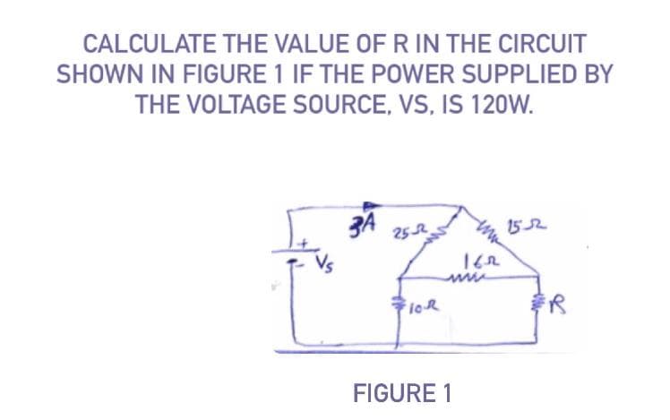 CALCULATE THE VALUE OF R IN THE CIRCUIT
SHOWN IN FIGURE 1 IF THE POWER SUPPLIED BY
THE VOLTAGE SOURCE, VS, IS 120W.
3A 25
4 152
162
FIGURE 1
