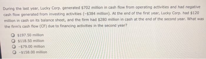 During the last year, Lucky Corp. generated $702 million in cash flow from operating activities and had negative
cash flow generated from investing activities (-$384 million). At the end of the first year, Lucky Corp. had $120
million in cash on its balance sheet, and the firm had $280 million in cash at the end of the second year. What was
the firm's cash flow (CF) due to financing activities in the second year?
$197.50 million
$118.50 million
-$79.00 million
-$158.00 million