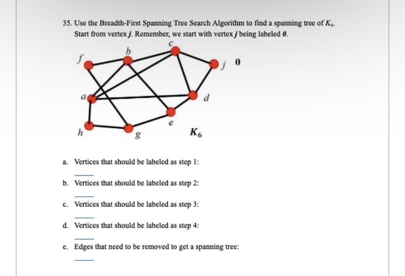 35. Use the Breadth-First Spanning Tree Search Algorithm to find a spanning tree of K
Start from vertex j. Remember, we start with vertex j being labeled 0.
b
h
00
g
K6
d
0
a. Vertices that should be labeled as step 1:
b. Vertices that should be labeled as step 2:
c. Vertices that should be labeled as step 3:
d. Vertices that should be labeled as step 4:
e. Edges that need to be removed to get a spanning tree: