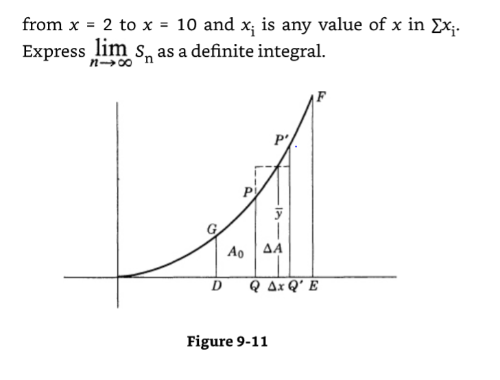 from x = 2 to x = 10 and x; is any value of x in Ex¡.
Express lim s as a definite integral.
D
P
Ao
P'
y
ΔΑ
Figure 9-11
Q AxQ'E