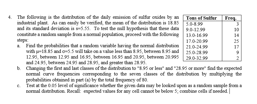 4. The following is the distribution of the daily emission of sulfur oxides by an
industrial plant. As can easily be verified, the mean of the distribution is 18.85
and its standard deviation is s=5.55. To test the null hypothesis that these data
constitute a random sample from a normal population, proceed with the following
steps:
Tons of Sulfur Freq.
5.0-8.99
9.0-12.99
13.0-16.99
17.0-20.99
21.0-24.99
25.0-28.99
29.0-32.99
C.
3
10
14
25
17
a. Find the probabilities that a random variable having the normal distribution
with u-18.85 and 0-5.5 will take on a value less than 8.95, between 8.95 and
12.95, between 12.95 and 16.95, between 16.95 and 20.95, between 20.995
and 24.95, between 24.95 and 28.95, and greater than 28.95.
b. Changing the first and last classes of the distribution to "8.95 or less" and "28.95 or more" find the expected
normal curve frequencies corresponding to the seven classes of the distribution by multiplying the
probabilities obtained in part (a) by the total frequency of 80.
Test at the 0.05 level of significance whether the given data may be looked upon as a random sample from a
normal distribution. Recall: expected values for any cell cannot be below 5; combine cells if needed.
9
2