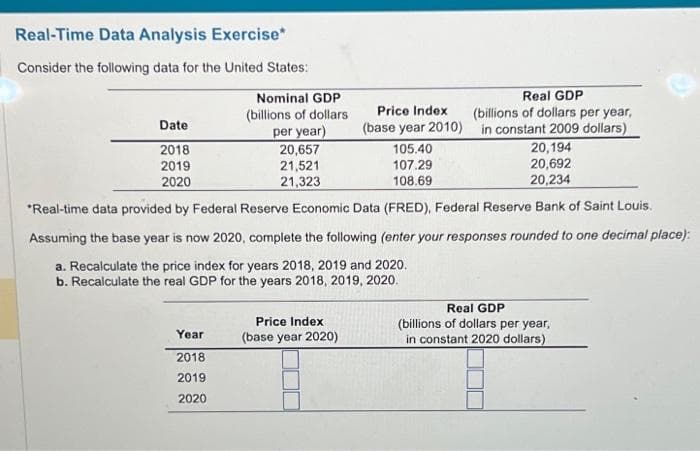 Real-Time Data Analysis Exercise*
Consider the following data for the United States:
Date
2018
2019
2020
Nominal GDP
(billions of dollars
per year)
20,657
21,521
21,323
Price Index
(base year 2010)
105.40
20,194
107.29
20,692
108.69
20,234
*Real-time data provided by Federal Reserve Economic Data (FRED), Federal Reserve Bank of Saint Louis.
Assuming the base year is now 2020, complete the following (enter your responses rounded to one decimal place):
a. Recalculate the price index for years 2018, 2019 and 2020.
b. Recalculate the real GDP for the years 2018, 2019, 2020.
Year
2018
2019
2020
Real GDP
(billions of dollars per year,
in constant 2009 dollars)
Price Index
(base year 2020)
Real GDP
(billions of dollars per year,
in constant 2020 dollars)