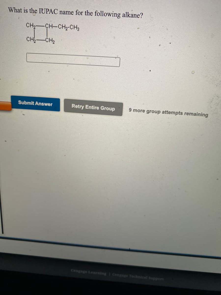 What is the IUPAC name for the following alkane?
CH,
-CH-CH2-CH3
CH-CH2
Submit Answer
Retry Entire Group
9 more group attempts remaining
Cengage Learning | Cengage Technical Support
