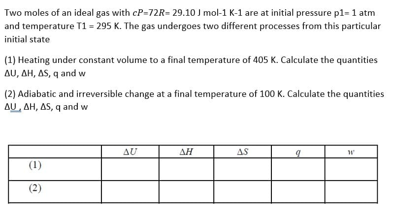 Two moles of an ideal gas with cP=72R= 29.10 J mol-1 K-1 are at initial pressure p1= 1 atm
and temperature T1 = 295 K. The gas undergoes two different processes from this particular
initial state
(1) Heating under constant volume to a final temperature of 405 K. Calculate the quantities
AU, AH, AS, q and w
(2) Adiabatic and irreversible change at a final temperature of 100 K. Calculate the quantities
AU, AH, AS, q and w
(1)
(2)
AU
ΔΗ
AS
9
W