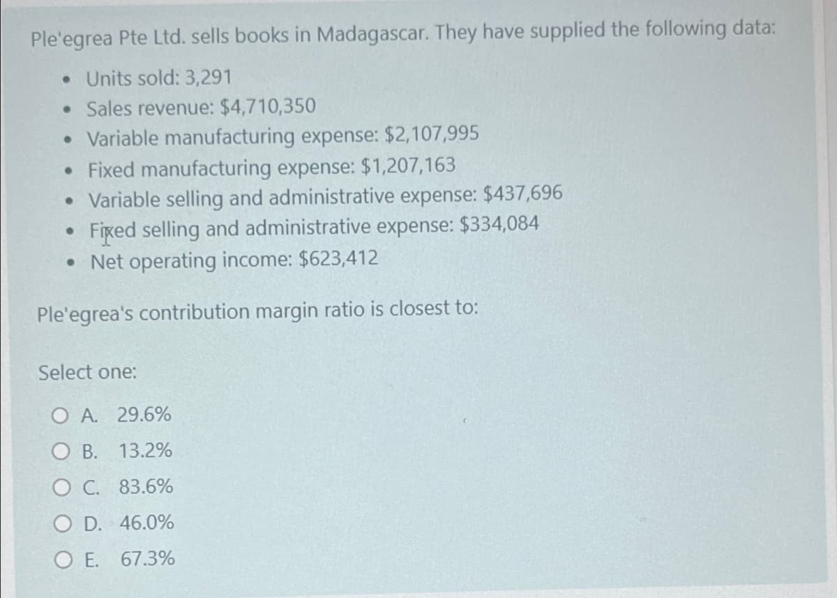 Ple'egrea Pte Ltd. sells books in Madagascar. They have supplied the following data:
• Units sold: 3,291
• Sales revenue: $4,710,350
• Variable manufacturing expense: $2,107,995
• Fixed manufacturing expense: $1,207,163
. Variable selling and administrative expense: $437,696
Fixed selling and administrative expense: $334,084
• Net operating income: $623,412
Ple'egrea's contribution margin ratio is closest to:
●
Select one:
O A. 29.6%
OB. 13.2%
O C.
83.6%
O D.
46.0%
OE. 67.3%