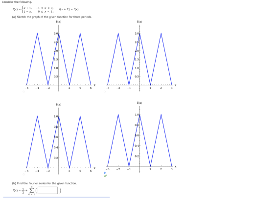 Cormider the following
x + 2) - x)
(a) Sketch the graph of the given function for three periods
fixi
10
-6
-4
-2
-2
-1
1.0
0.2
02
-1
-6
-2
2
(b) Find the Fourier series for the given function.
