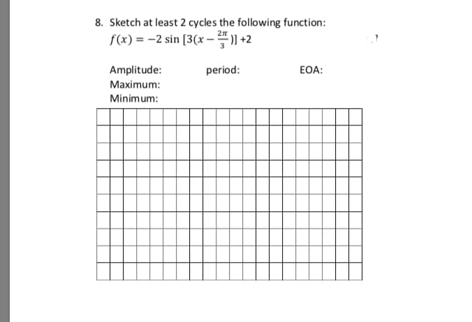 8. Sketch at least 2 cycles the following function:
f(x) = -2 sin [3(x– )) +2
Amplitude:
period:
EOA:
Maximum:
Minimum:
