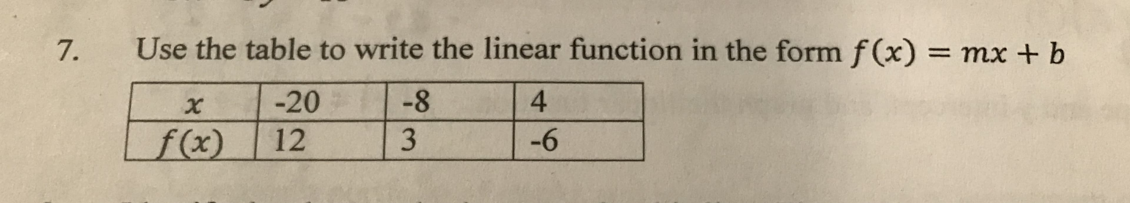 Use the table to write the linear function in the formf(x) = mx + b
7.
%3D
-8
-20
4.
-6
f(x)
12
