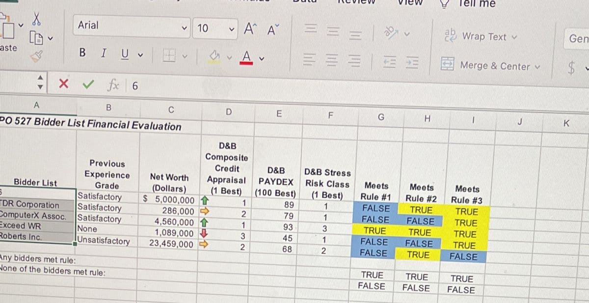 Tell me
Arial
10
A^ A
ce Wrap Text v
Gen
田、 vAv
aste
BIUV
Merge & Center v
fx 6
A
C
E
K
PO 527 Bidder List Financial Evaluation
D&B
Composite
Credit
Previous
D&B
D&B Stress
Experience
Grade
Net Worth
Appraisal
(1 Best)
PAYDEX
Risk Class
Meets
Meets
Meets
Rule #3
Bidder List
(Dollars)
$ 5,000,000
286,000
4,560,000
1,089,000
23,459,000
(100 Best)
(1 Best)
Rule #1
Rule #2
Satisfactory
Satisfactory
ComputerX Assoc. Satisfactory
None
lUnsatisfactory
1
89
1
FALSE
TRUE
TRUE
TDR Corporation
79
1
FALSE
FALSE
TRUE
TRUE
1
93
3.
TRUE
TRUE
Exceed WR
Roberts Inc.
3.
45
1
FALSE
FALSE
TRUE
68
FALSE
TRUE
FALSE
Any bidders met rule:
None of the bidders met rule:
TRUE
TRUE
TRUE
FALSE
FALSE
FALSE
%24
公 四
