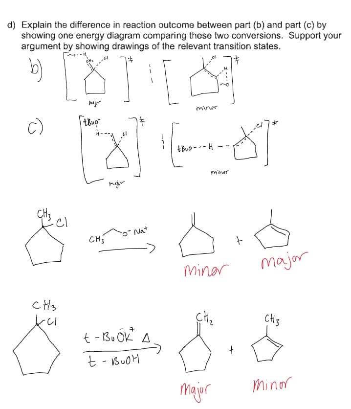 d) Explain the difference in reaction outcome between part (b) and part (c) by
showing one energy diagram comparing these two conversions. Support your
argument by showing drawings of the relevant transition states.
májer
minor
c)
tBuo --- H -
minor
majur
CH3
Nat
CH3
Minar
major
CH2
CH3
t - Bu OK A
t - BUOH
major
Minor
