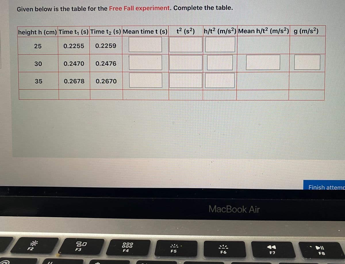 Given below is the table for the Free Fall experiment. Complete the table.
height h (cm) Time t, (s) Time t2 (s) Mean time t (s)
t² (s?) h/t? (m/s?) Mean h/t? (m/s?) g (m/s²)
25
0.2255
0.2259
30
0.2470
0.2476
35
0.2678
0.2670
Finish attemr
MacBook Air
吕0
000
000
F2
F3
F4
F5
F6
F7
F8
