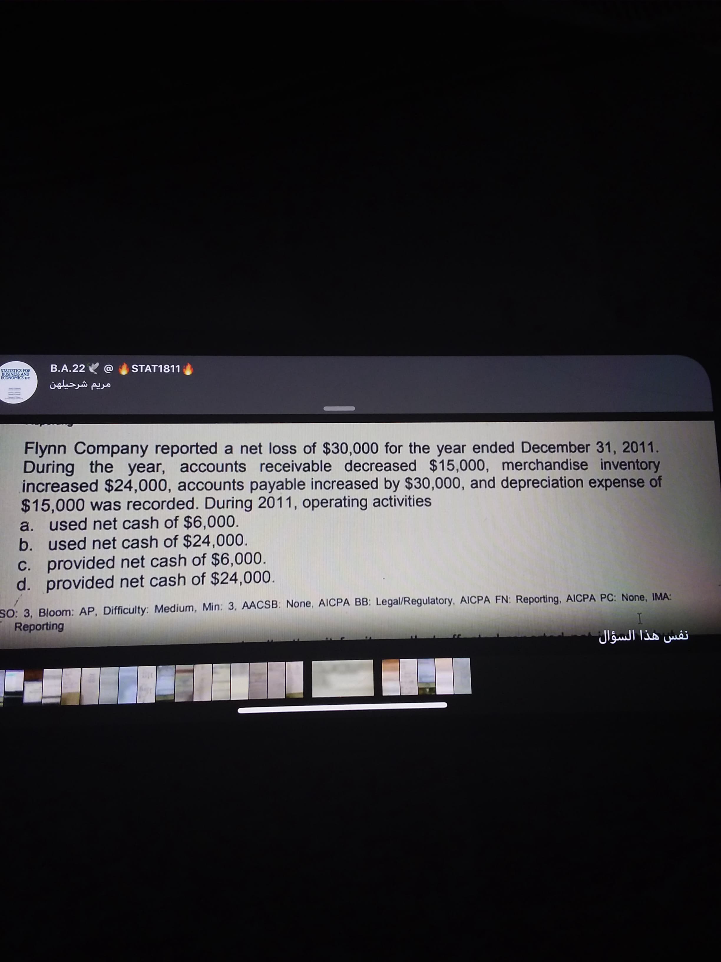 Flynn Company reported a net loss of $30,000 for the year ended December 31, 2011.
During the year, accounts receivable decreased $15,000, merchandise inventory
increased $24,000, accounts payable increased by $30,000, and depreciation expense of
$15,000 was recorded. During 2011, operating activities
