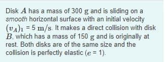 Disk A has a mass of 300 g and is sliding on a
smooth horizontal surface with an initial velocity
(vA)ı = 5 m/s. It makes a direct collision with disk
B, which has a mass of 150 g and is originally at
rest. Both disks are of the same size and the
collision is perfectly elastic (e = 1).
