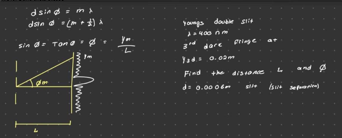 dsin ø = n
dsin o
(m + ) A
%3D
youngs
double Slit
Sin Øs Ton@= Ø
yon
3rd
dare
Fringe
Y 3 d. = 0. 02m
Find
+he
distonce
and B
d= 0.00 0 6m
Isit seperaticen}
wwww. mu.
