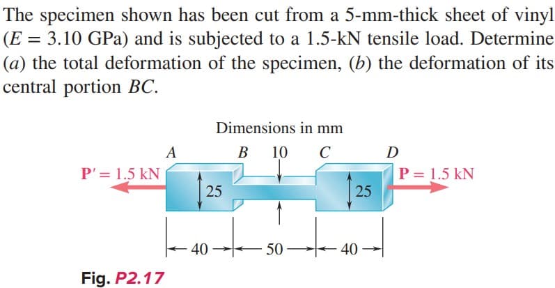 The specimen shown has been cut from a 5-mm-thick sheet of vinyl
(E = 3.10 GPa) and is subjected to a 1.5-kN tensile load. Determine
(a) the total deformation of the specimen, (b) the deformation of its
central portion BC.
P' = 1.5 kN
Fig. P2.17
A
Dimensions in mm
B 10 C
25
40
50
25
40
D
P = 1.5 kN