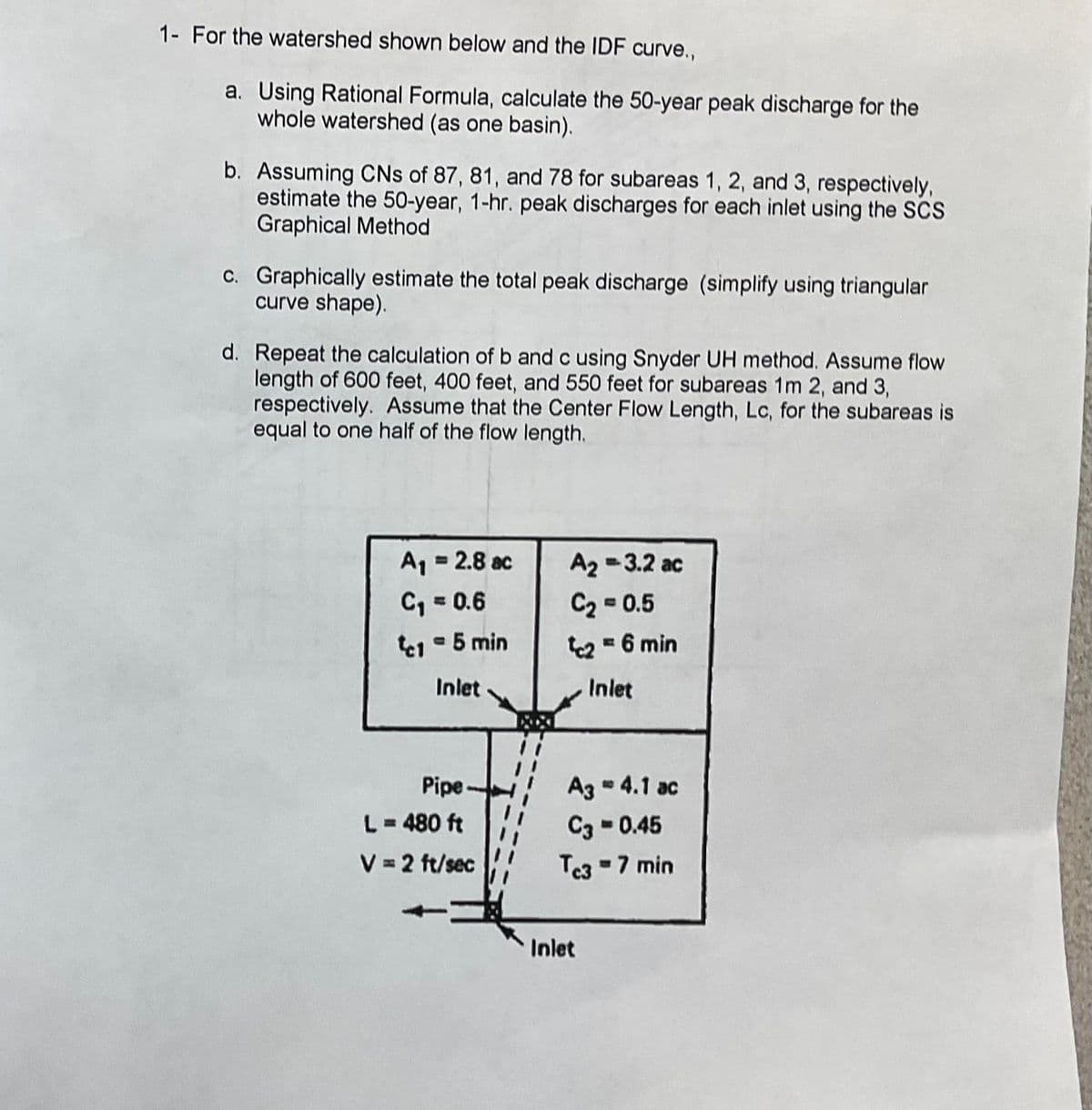 1- For the watershed shown below and the IDF curve.,
a. Using Rational Formula, calculate the 50-year peak discharge for the
whole watershed (as one basin).
b. Assuming CNs of 87, 81, and 78 for subareas 1, 2, and 3, respectively,
estimate the 50-year, 1-hr. peak discharges for each inlet using the SCS
Graphical Method
c. Graphically estimate the total peak discharge (simplify using triangular
curve shape).
d. Repeat the calculation of b and c using Snyder UH method. Assume flow
length of 600 feet, 400 feet, and 550 feet for subareas 1m 2, and 3,
respectively. Assume that the Center Flow Length, Lc, for the subareas is
equal to one half of the flow length.
A₁ = 2.8 ac
C₁ = 0.6
tc1 = 5 min
Inlet
Pipe
L = 480 ft
V = 2 ft/sec
A₂ =3.2 ac
C₂ = 0.5
tc2=6 min
Inlet
A3 = 4.1 ac
C3-0.45
Tc3 = 7 min
Inlet