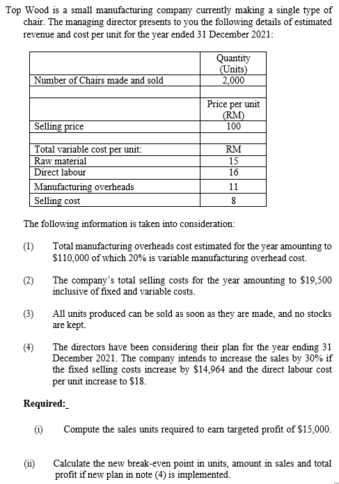 Top Wood is a small manufacturing company currently making a single type of
chair. The managing director presents to you the following details of estimated
revenue and cost per unit for the year ended 31 December 2021:
Quantity
(Units)
2,000
Number of Chairs made and sold
Price per unit
(RM)
100
Selling price
Total variable cost per unit:
RM
Raw material
15
Direct labour
16
Manufacturing overheads
Selling cost
11
8
The following information is taken into consideration:
(1)
Total manufacturing overheads cost estimated for the year amounting to
$110,000 of which 20% is variable manufacturing overhead cost.
The company's total selling costs for the year amounting to $19,500
inclusive of fixed and variable costs.
(2)
(3)
All units produced can be sold as soon as they are made, and no stocks
are kept.
(4)
The directors have been considering their plan for the year ending 31
December 2021. The company intends to increase the sales by 30% if
the fixed selling costs increase by $14,964 and the direct labour cost
per unit increase to $18.
Required:
(1)
Compute the sales units required to earn targeted profit of $15,000.
(ii)
Calculate the new break-even point in units, amount in sales and total
profit if new plan in note (4) is implemented.
