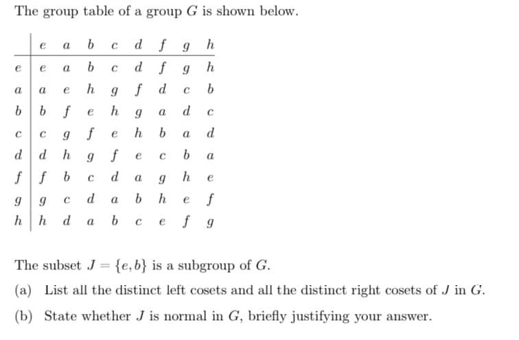 The group table of a group G is shown below.
df g h
h
b
e
a
b
C
d
b C
b
a e
h
9
b f e h
g f e
h g f
d
e a
e
C
d
a
ff b C
d
9
9 C
h h d a
C
The subset J =
a
b
dfg
f d
9
h
e
a
b
C
a 9
b h
с e
C
d
a
b
h
C
d
a
e
e
f
f g
{e, b} is a subgroup of G.
(a) List all the distinct left cosets and all the distinct right cosets of J in G.
(b) State whether J is normal in G, briefly justifying your answer.