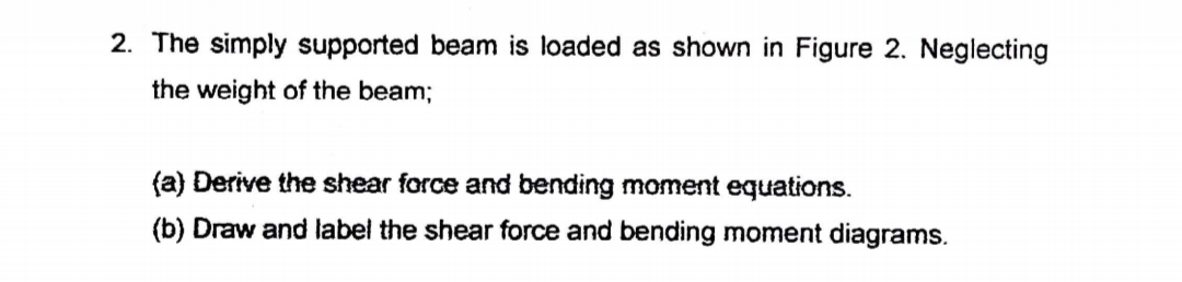 2. The simply supported beam is loaded as shown in Figure 2. Neglecting
the weight of the beam;
(a) Derive the shear force and bending moment equations.
(b) Draw and label the shear force and bending moment diagrams.
