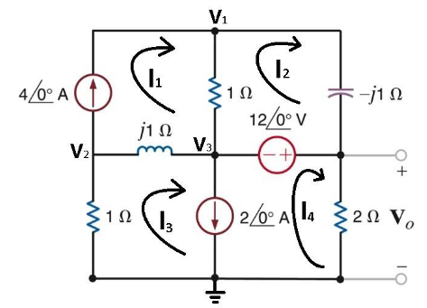 4/0° A
V₂
1 Ω
|1
j1 Ω
V₁
V3
1 Ω
=
|2
12/0° V
-j1 Ω
2/6°Alla _{2Ω Vo