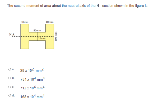 The second moment of area about the neutral axis of the H - section shown in the figure is,
10mm
10mm
80mm
N.A.
10mm
O a.
28 x 102 mm2
Ob.
784 x 104 mm4
712 x 104 mm4
Od.
168 x 104 mm4
