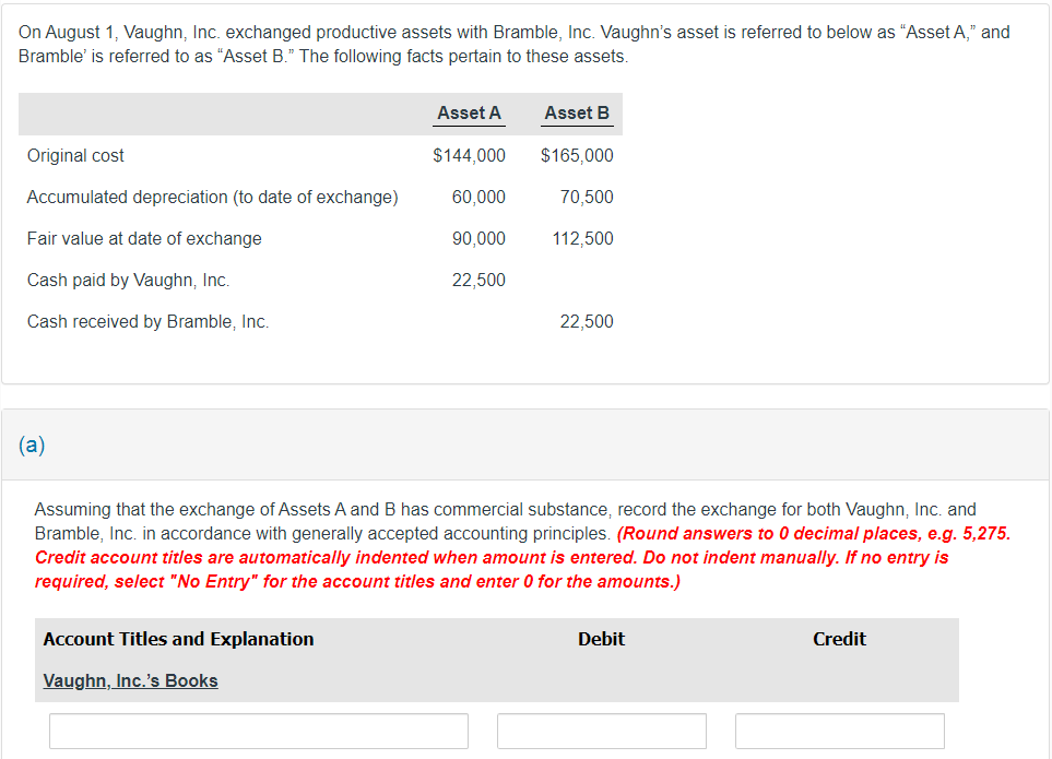 On August 1, Vaughn, Inc. exchanged productive assets with Bramble, Inc. Vaughn's asset is referred to below as "Asset A," and
Bramble' is referred to as "Asset B." The following facts pertain to these assets.
Original cost
Accumulated depreciation (to date of exchange)
Fair value at date of exchange
Cash paid by Vaughn, Inc.
Cash received by Bramble, Inc.
(a)
Asset A
Account Titles and Explanation
Vaughn, Inc.'s Books
$144,000
60,000
90,000
22,500
Asset B
$165,000
70,500
112,500
22,500
Assuming that the exchange of Assets A and B has commercial substance, record the exchange for both Vaughn, Inc. and
Bramble, Inc. in accordance with generally accepted accounting principles. (Round answers to 0 decimal places, e.g. 5,275.
Credit account titles are automatically indented when amount is entered. Do not indent manually. If no entry is
required, select "No Entry" for the account titles and enter 0 for the amounts.)
Debit
Credit