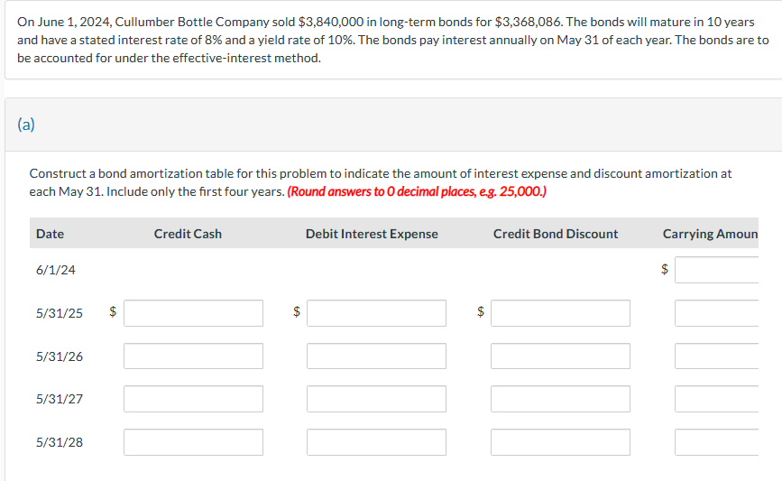 On June 1, 2024, Cullumber Bottle Company sold $3,840,000 in long-term bonds for $3,368,086. The bonds will mature in 10 years
and have a stated interest rate of 8% and a yield rate of 10%. The bonds pay interest annually on May 31 of each year. The bonds are to
be accounted for under the effective-interest method.
(a)
Construct a bond amortization table for this problem to indicate the amount of interest expense and discount amortization at
each May 31. Include only the first four years. (Round answers to O decimal places, e.g. 25,000.)
Date
6/1/24
5/31/25
5/31/26
5/31/27
5/31/28
LA
Credit Cash
LA
Debit Interest Expense
1
$
LA
Credit Bond Discount
11
Carrying Amoun
$