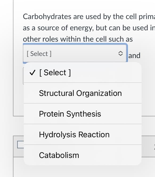 Carbohydrates are used by the cell prima
as a source of energy, but can be used im
other roles within the cell such as
[ Select ]
and
V [ Select ]
Structural Organization
Protein Synthesis
Hydrolysis Reaction
Catabolism
