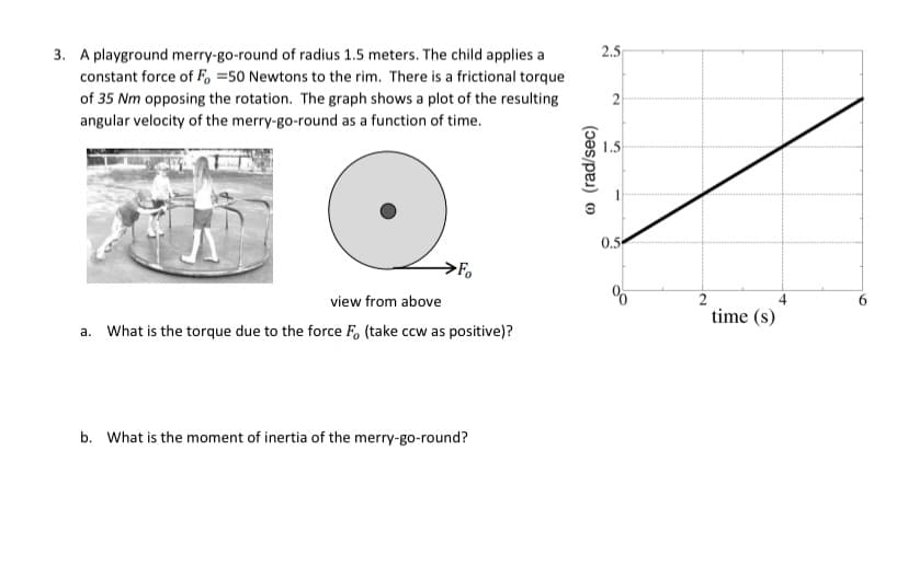 2.5
3. A playground merry-go-round of radius 1.5 meters. The child applies a
constant force of F, =50 Newtons to the rim. There is a frictional torque
of 35 Nm opposing the rotation. The graph shows a plot of the resulting
angular velocity of the merry-go-round as a function of time.
2
1.5
0.5
Fo
view from above
time (s)
a. What is the torque due to the force F, (take ccw as positive)?
b. What is the moment of inertia of the merry-go-round?
@ (rad/sec)
