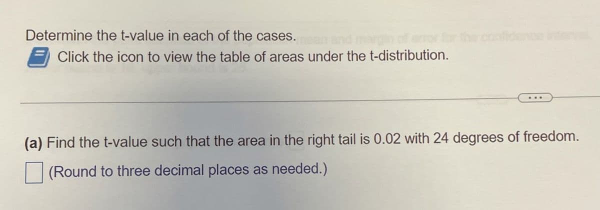 Determine the t-value in each of the cases.man and margin of error
Click the icon to view the table of areas under the t-distribution.
confidence interval
(a) Find the t-value such that the area in the right tail is 0.02 with 24 degrees of freedom.
(Round to three decimal places as needed.)