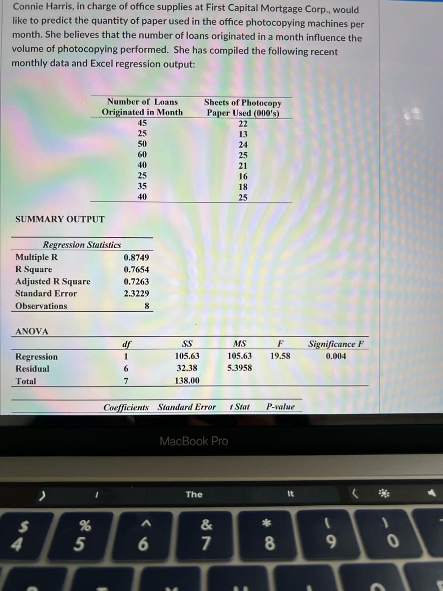 Connie Harris, in charge of office supplies at First Capital Mortgage Corp., would
like to predict the quantity of paper used in the office photocopying machines per
month. She believes that the number of loans originated in a month influence the
volume of photocopying performed. She has compiled the following recent
monthly data and Excel regression output:
Number of Loans
TT
Sheets of Photocopy
Paper Used (000's)
Originated in Month
45
22
25
13
50
24
60
25
40
21
25
16
35
40
18
25
SUMMARY OUTPUT
Regression Statistics
Multiple R
R Square
Adjusted R Square
0.8749
0.7654
0.7263
Standard Error
2.3229
Observations
8
ANOVA
df
SS
MS
F
Significance F
Regression
1
105.63
105.63
19.58
0.004
Residual
32.38
5.3958
Total
7
138.00
Coefficients Standard Error
t Stat
Р-value
MacBook Pro
The
It
&
5
6
7
48
*CO
