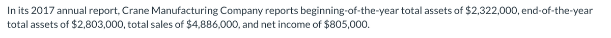 In its 2017 annual report, Crane Manufacturing Company reports beginning-of-the-year total assets of $2,322,000, end-of-the-year
total assets of $2,803,000, total sales of $4,886,000, and net income of $805,000.
