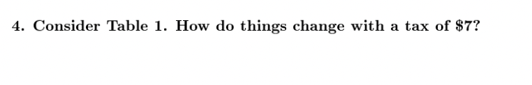 4. Consider Table 1. How do things change with a tax of $7?