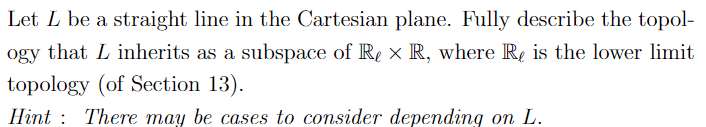 Let L be a straight line in the Cartesian plane. Fully describe the topol-
ogy that L inherits as a subspace of Rex R, where Re is the lower limit
topology (of Section 13).
Hint There may be cases to consider depending on L.