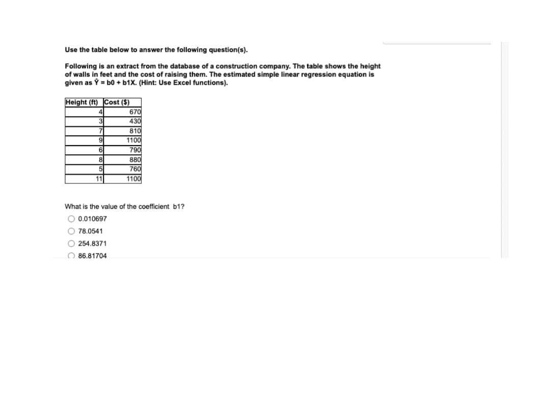 Use the table below to answer the following question(s).
Following is an extract from the database of a construction company. The table shows the height
of walls in feet and the cost of raising them. The estimated simple linear regression equation is
given as Ý = b0 + b1X. (Hint: Use Excel functions).
Height (ft) Cost ($)
670
430
810
4
3
7
1100
790
880
760
1100
6
8
11
What is the value of the coefficient b1?
O 0.010697
O 78.0541
O 254.8371
O 86.81704
